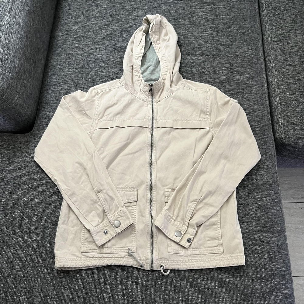 Columbia Jacket Mens Small Beige Hooded Full Zip Cotton Lined Drawcord Hem